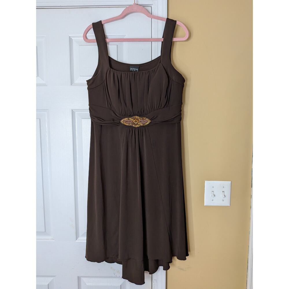 En Focus Beaded Empire Waist Dress Size 14 Brown Asymmetrical Hem Boho Fairy